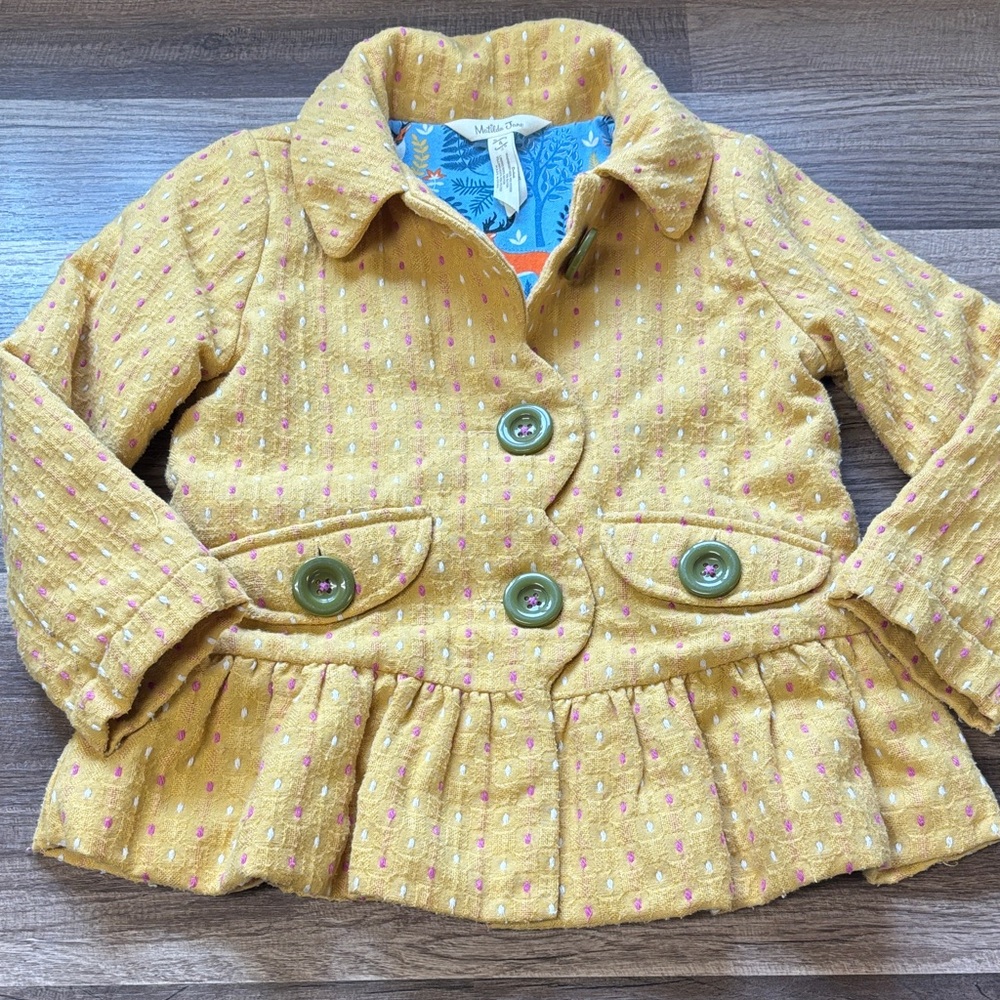 Matilda Jane Going Easy yellow peplum jacket with olive green buttons